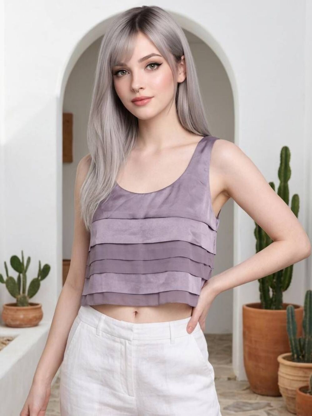 🔺️Loft Eggplant Ribbon Tiered Layered Sleeveless Top XSmall